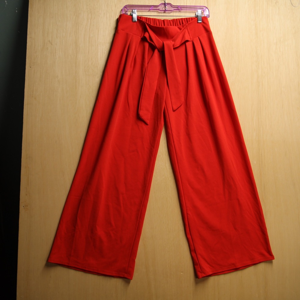 Vamp Red Wide Leg Pants High Waisted Tie Waist Flare Trousers Made in USA Office